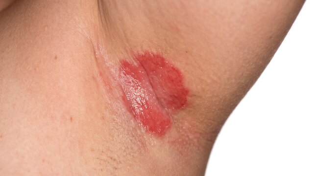 Macro close up of severe red skin rash and intertrigo inflammation under human armpit