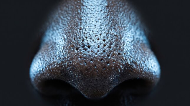 Close up shot of human dark skin nose with clogged large pores and blackheads
