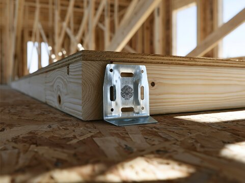 Close-up view of a metal joist hanger attaching a wooden beam to a floor joist during new construction, emphasizing structural integrity and building materials.