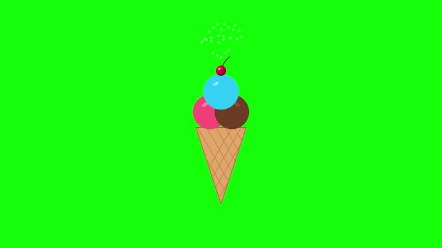 Animated Ice Cream Cone with Scoops, Sprinkles, and Cherry on Green Screen Chroma Key