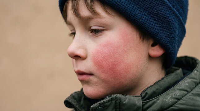 Side profile close up of young boy with red cold windburn flushed skin on cheek