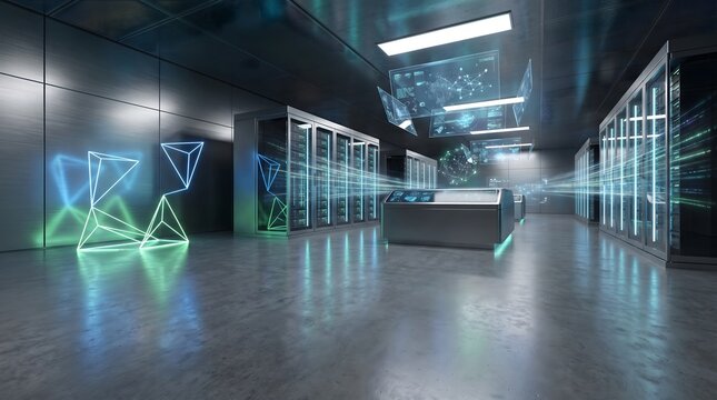 Futuristic data center with glowing server racks and neon lighting