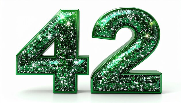 Sparkling emerald green glitter number forty two on a white background