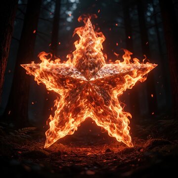 Fiery star burns intensely in dark forest setting. Glowing orange and red flames engulf geometric shape. Light illuminates ground floor with sparks flying around.