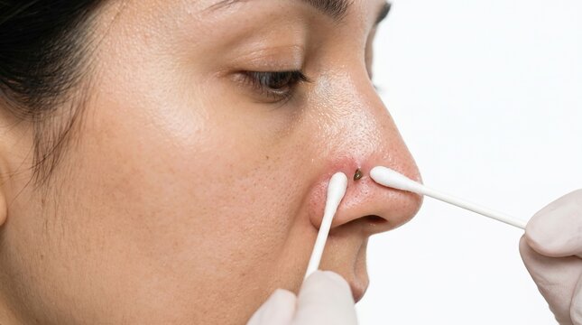 Close up view of hands squeezing large blackhead on nose with cotton swabs