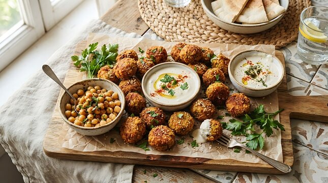 Fried falafel balls served on a wooden cutting board with bowls of chickpeas, tahini sauce, fresh parsley, and pita bread on a rustic table