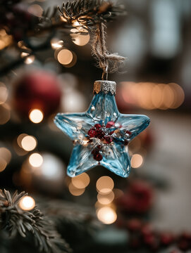 Blue glass star ornament hanging on a Christmas tree branch