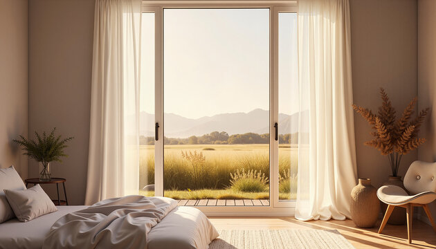 serene bedroom interior with light curtains and natural elements overlooking a sunny landscape and mountains in the distance, concept relaxation and comfort