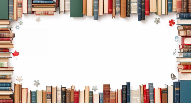International Book Day border with book stacks and decorative bookmarks offering space for inspirational text concept as Book day frame featuring book stacks and decorative bookmarks for inspirational