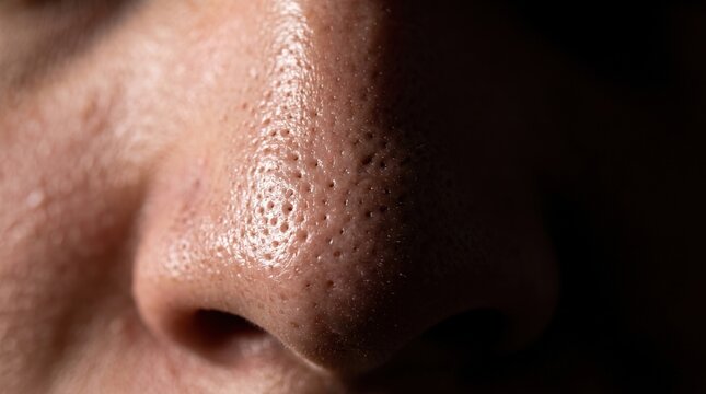 Close up view of oily skin nose showing enlarged clogged pores and sebum