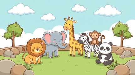 Naklejka premium Cute cartoon wild animals group in a zoo landscape illustration