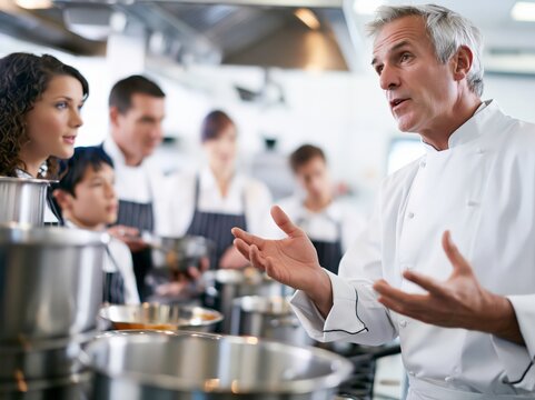 A seasoned chef in a pristine white uniform passionately instructs a diverse group of culinary students in a professional kitchen, surrounded by gleaming stainless steel cookware.