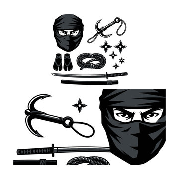 Black and white ninja set with katana sword, kama sickle, mask, rope and throwing stars