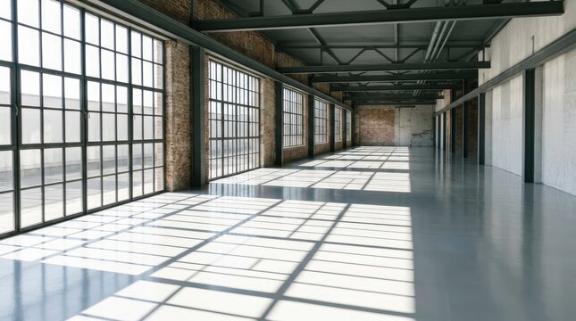 Empty industrial loft warehouse with large windows and bright sunlight
