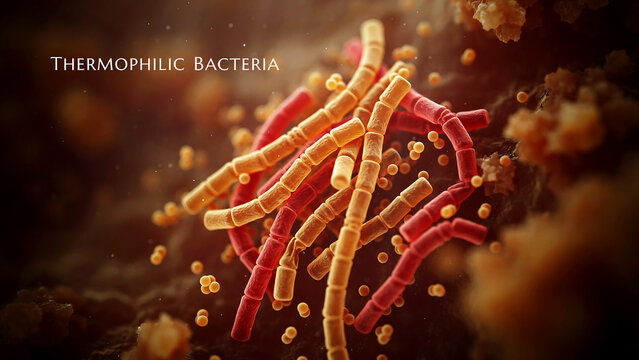 Microscopic view of thermophilic bacteria colonies showing rodshaped structures and surrounding cellular particles