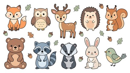 Fototapeta premium Cute woodland animal sticker set with fox owl deer hedgehog squirrel bear and rabbit