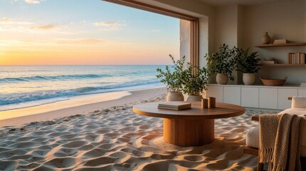 Obraz premium Living room with sand floor opens to ocean beach at sunset. Coastal interior features plants, table, chair. Serene home offers relaxing view.
