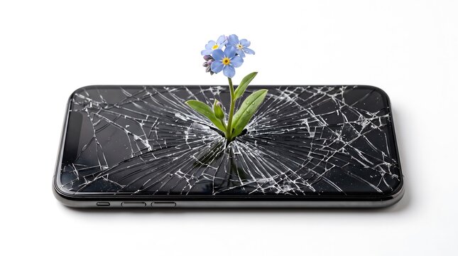Small blue flower growing from a shattered smartphone screen on white background