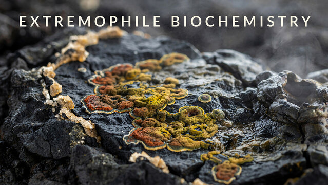 Vibrant colorful lichen growing on black volcanic basalt rock formations in a geothermal environment