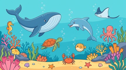 Naklejka premium Cartoon underwater scene with whale, dolphin, turtle and various sea animals in ocean