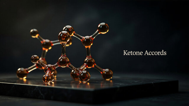 Abstract scientific molecular structure model displayed on a textured dark marble surface