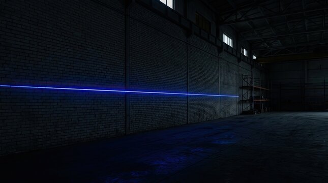 Neon blue light line on a brick wall in a dark industrial warehouse