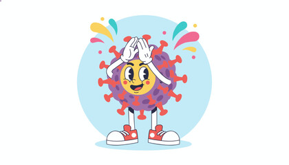 Fototapeta premium Retro cartoon style virus cell character looking stressed and covering its head with its hands on a circular blue backdrop.