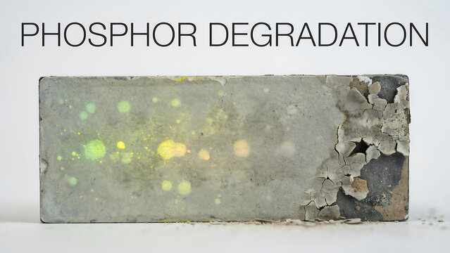 Close up view of a rectangular phosphor material showing significant degradation and physical surface damage over time