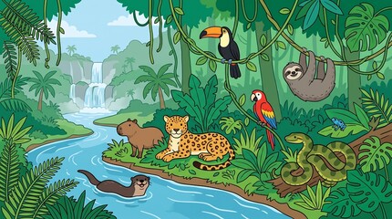 Naklejka premium Tropical rainforest landscape with wild animals and exotic birds in a lush jungle habitat