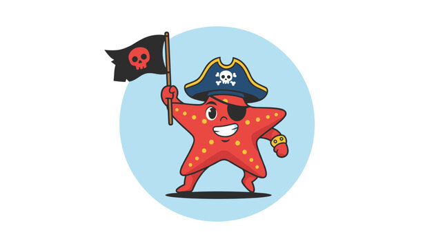 Red starfish pirate cartoon character wearing a pirate hat and eye patch holds a black skull flag proudly.
