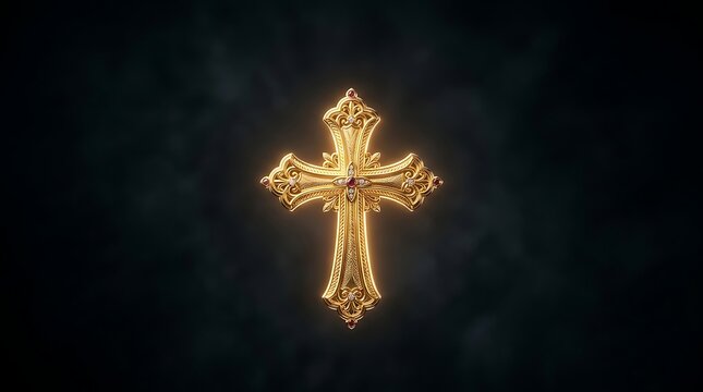 Ornate golden cross with intricate filigree, glowing religious crucifix on dark background, elegant christian symbol for worship