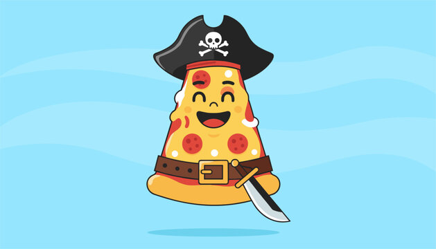 Cheerful pizza slice pirate cartoon character wearing a pirate hat and belt floats on a wavy blue background.