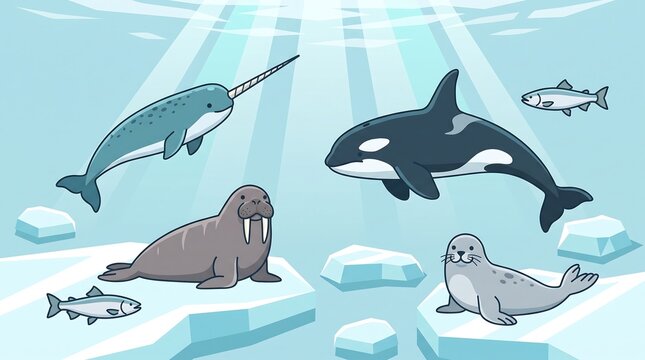 Arctic marine animals illustration with narwhal, orca, walrus and seal in icy ocean water