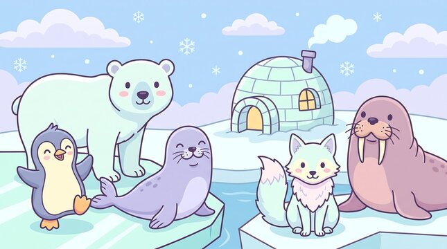 Cute Arctic Animals Illustration with Polar Bear Penguin Seal Fox and Walrus in Snow