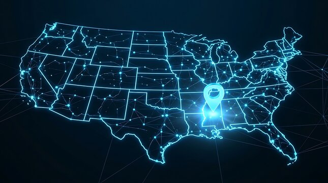 Digital USA map with glowing network connections, futuristic United States map with location pin, blue technology data visualization
