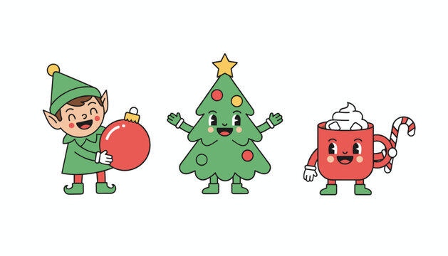 Festive set of three cartoon christmas characters featuring an elf a smiling decorated tree and a cute cocoa mug.