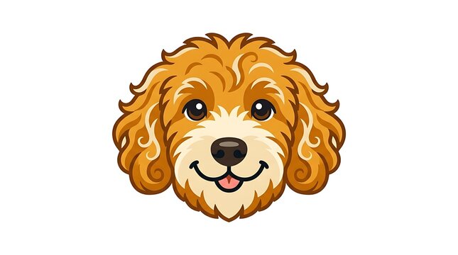 Goldendoodle dog head illustration, smiling labradoodle puppy face on white background, curly ginger poodle mix portrait