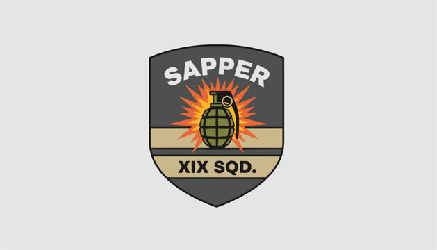 Sapper nineteenth squad military patch design showing a hand grenade over an explosion on a shield background.