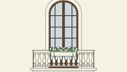 Naklejka premium High arched french glass door design with a classic white stone balcony containing green foliage and pink flowers.
