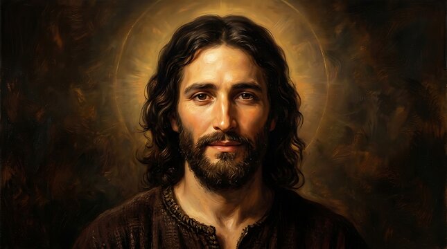 Renaissance style portrait of Jesus Christ with golden halo, spiritual oil painting of savior, religious art for church and worship