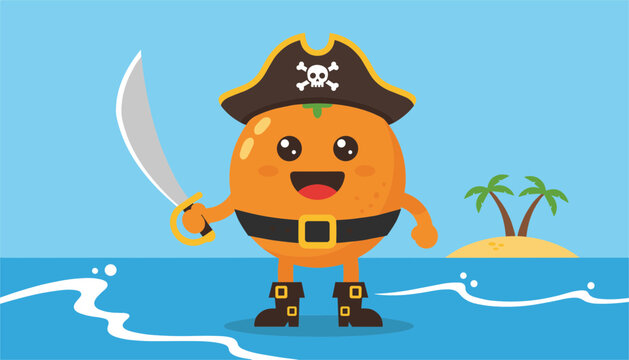 Cute orange fruit pirate cartoon character holding a silver sword on a tropical island beach under ocean waves.
