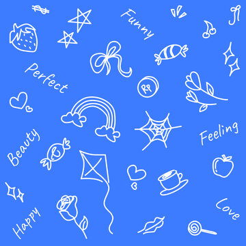 Hand drawn cute seamless pattern with random elements, fruits, animals, and objects