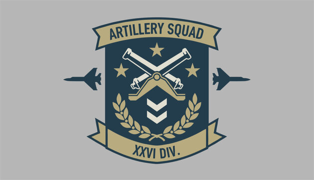 Military patch design for an army artillery squad featuring crossed cannons and a laurel wreath on a dark shield.