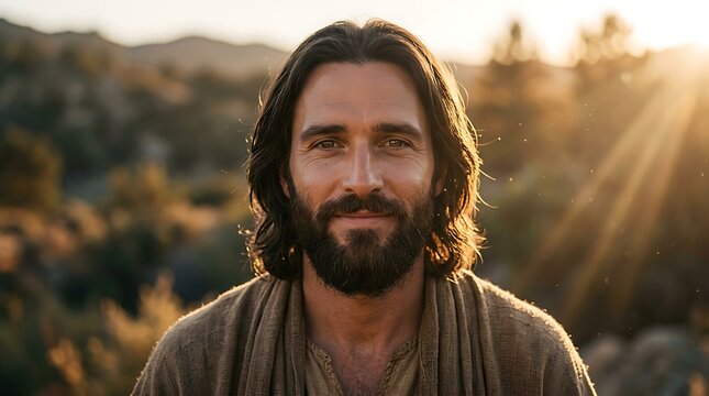 Jesus Christ portrait at sunset, biblical man with beard in desert landscape, spiritual messiah figure in golden hour light