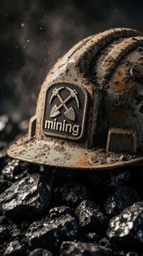 Dirty hard hat with mining logo sits on pile of black coal. Industrial safety equipment used in underground coal mine. Protection gear for heavy labor work in extraction industry with raw mineral