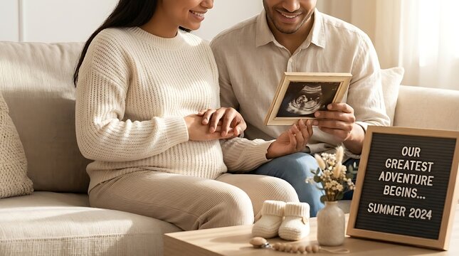 Pregnant couple holding ultrasound photo, pregnancy announcement with letter board, expecting parents at home