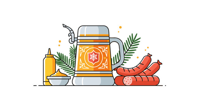 Vector illustration of a traditional German beer stein featuring a snowflake crest, served with grilled sausages, sliced salami, a bowl of mustard, and festive pine needle branches.