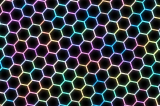 Colorful neon hexagon pattern on black background