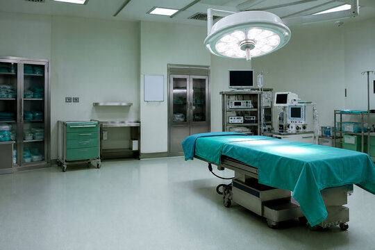 Generative AI image of an empty modern operating theatre prepared for a procedure with professional medical stock styling and commercial copy space.