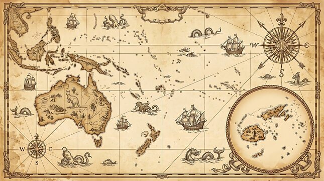 Vintage world map of Australia and Oceania, antique nautical chart with sea monsters, aged parchment paper texture for history projects